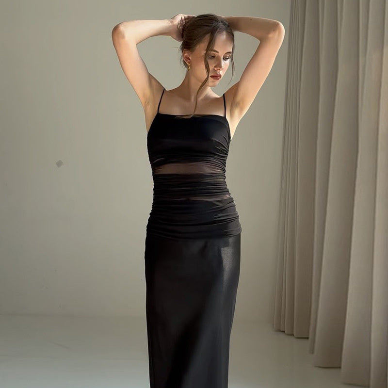 European And American Style Design Sense Temperament Mesh Satin Stitching Fake Two-piece Suspender Dress - Chic Angle