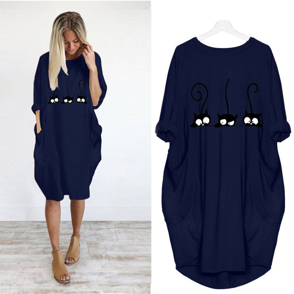 Autumn and winter long-sleeved loose print dress