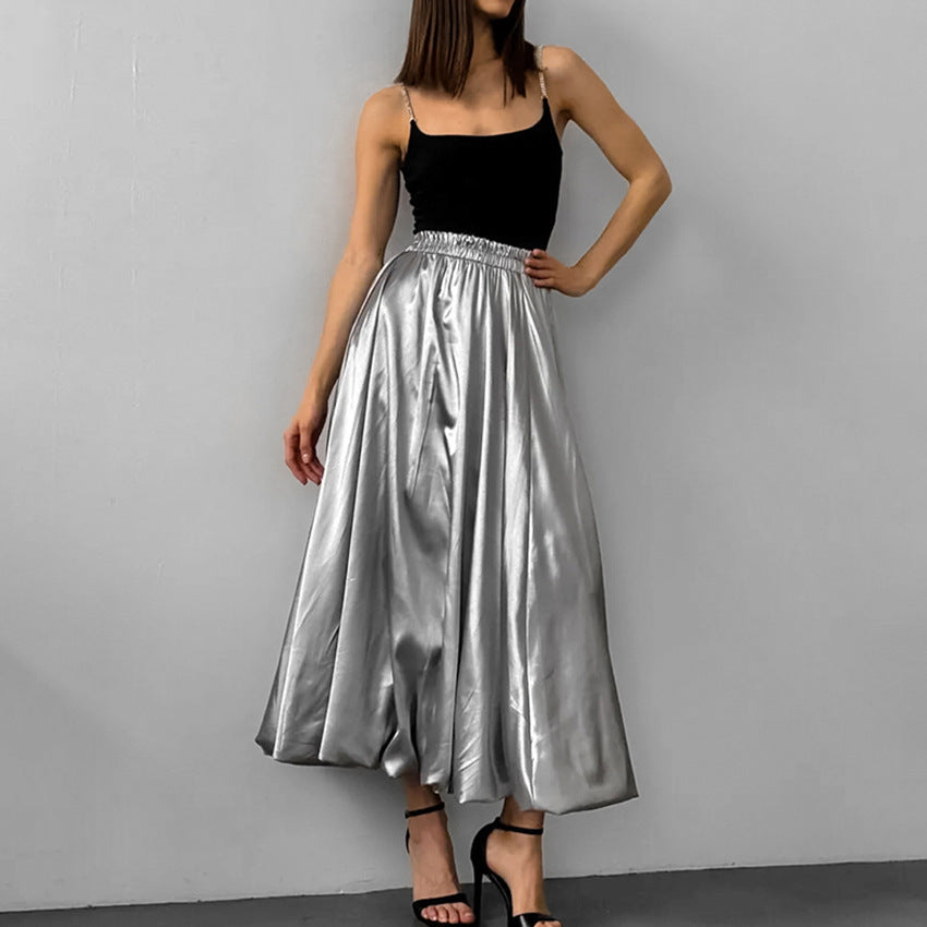 Fashion Silver Bud Skirt European And American Design High Waist A- Line Skirt