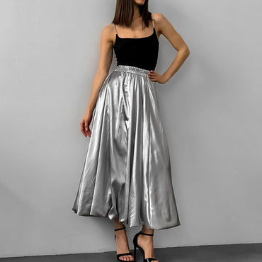 Fashion Silver Bud Skirt European And American Design High Waist A- Line Skirt
