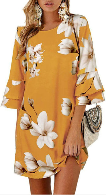 Women's Printed Midi Skirt Loose Waist Round Neck Dress