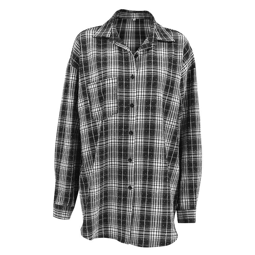 Fashion Stick-on Crystals Loose Plaid Shirt Retro Black And White Plaid Shirt