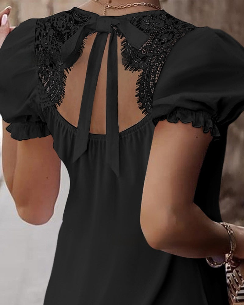 Casual Lace Stitching Tied Gift Knot Puff Sleeve Top