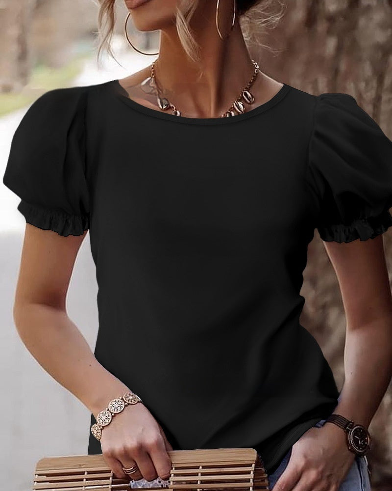 Casual Lace Stitching Tied Gift Knot Puff Sleeve Top
