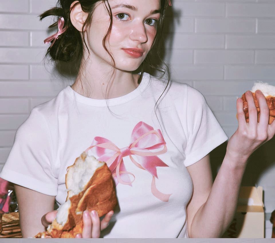 Special-interest Design 23 Summer Hot Girl Bow Round Neck Short Sleeve T-shirt Girl
