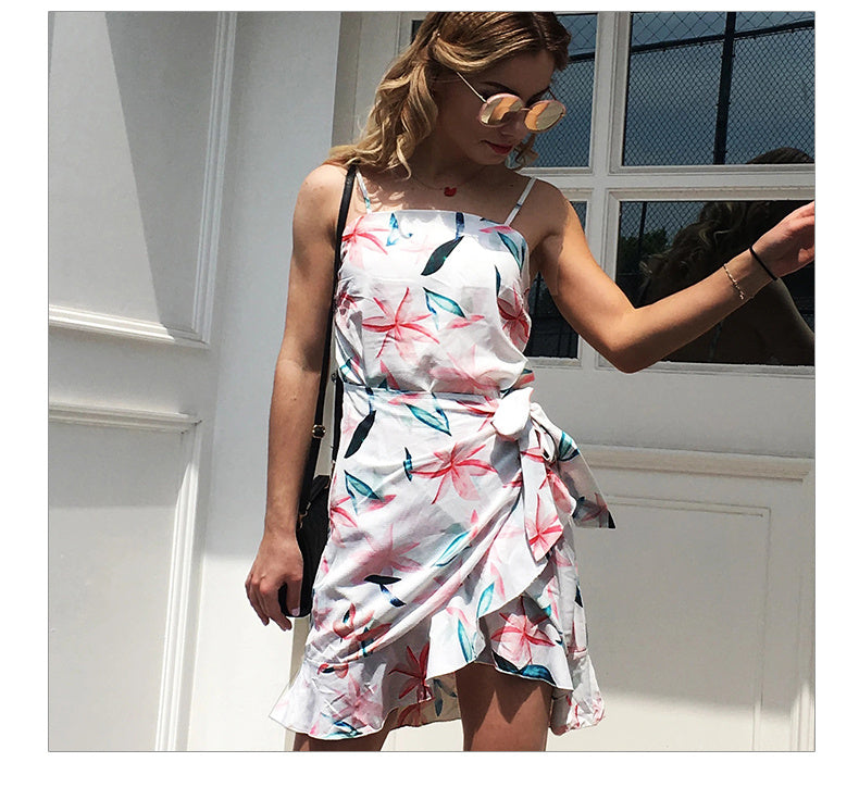 USA SIZE Leaf Print Sling Chiffon Dress Sexy Beach Seaside Vacation Irregular Skirt