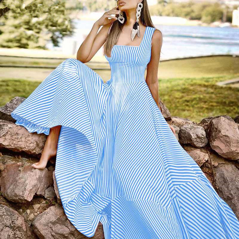 Women's Fashion Square Neck Slim Fit Casual Vacation Striped Big Swing Dress