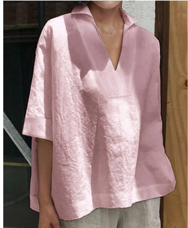 V-neck cotton and linen short-sleeved blouse