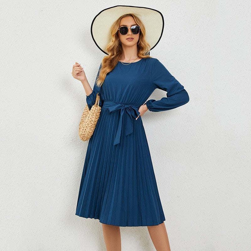 Skirt Summer Vacation Women's Lace-up Solid Color Pleated Dress