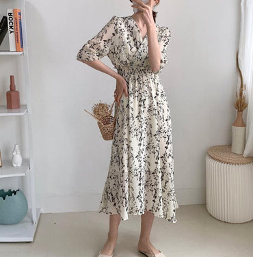French Retro Mid-length Chiffon Floral Dress