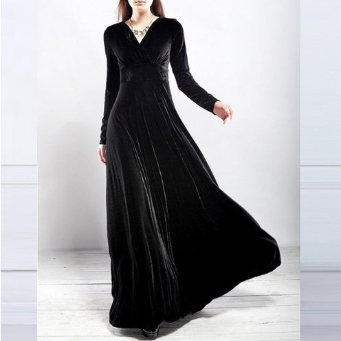 Thickened good quality Spring and autumn winter long-sleeved dress Gold velvet maxi dress V-neck dress