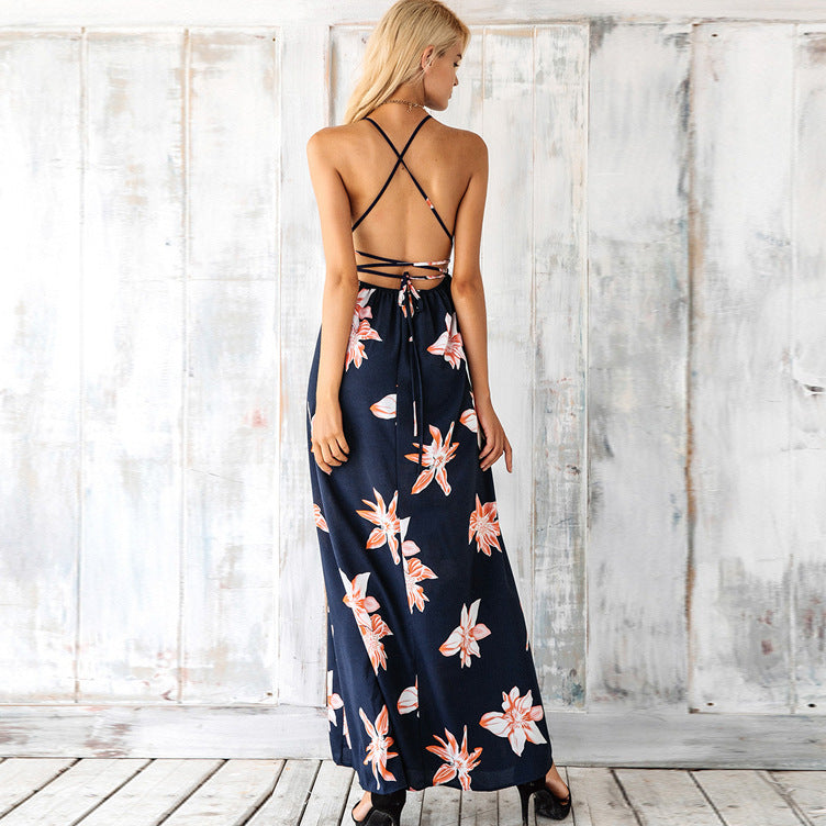 Dress holiday wind Europe and the United States new suspender skirt wave point cross large backless sexy slit long skirt female