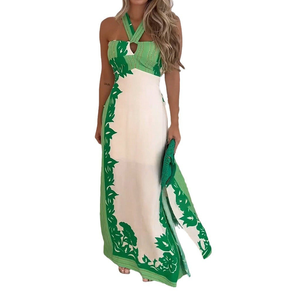 European And American Halter Dew Color Matching Fashion Vacation Beach Length Dress