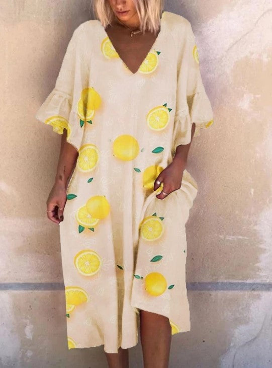 Printed short-sleeved midi dress