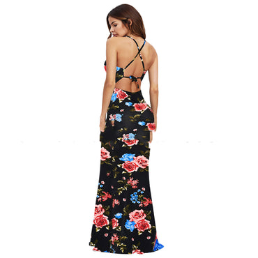 Women's Corset Milk Silk Maxi Suspender Print Dress