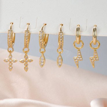 Gold Plated Water Drop Lightning Cross Pendant Earrings