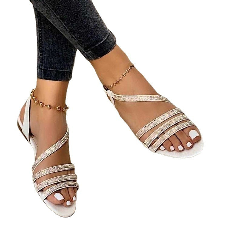 Low Top Round Toe Solid Color Empty Fish Mouth Flat Breathable Rhinestone Fashion Sandals