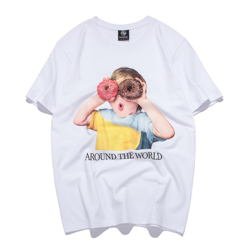 RS tide brand men's spring and summer European and American leisure round neck donuts children's printing lovers short-sleeved T-shirts