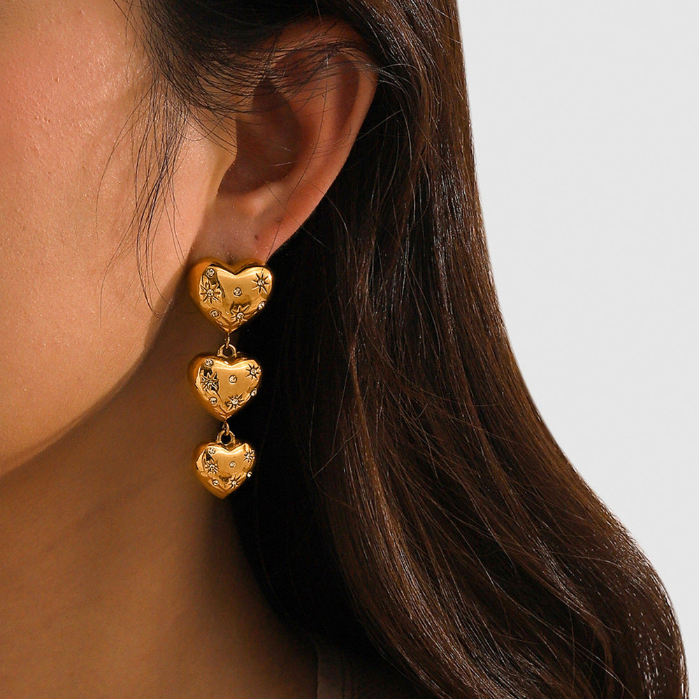 18K Gold Stainless Steel Heart-shaped Pendant Earrings With Diamond