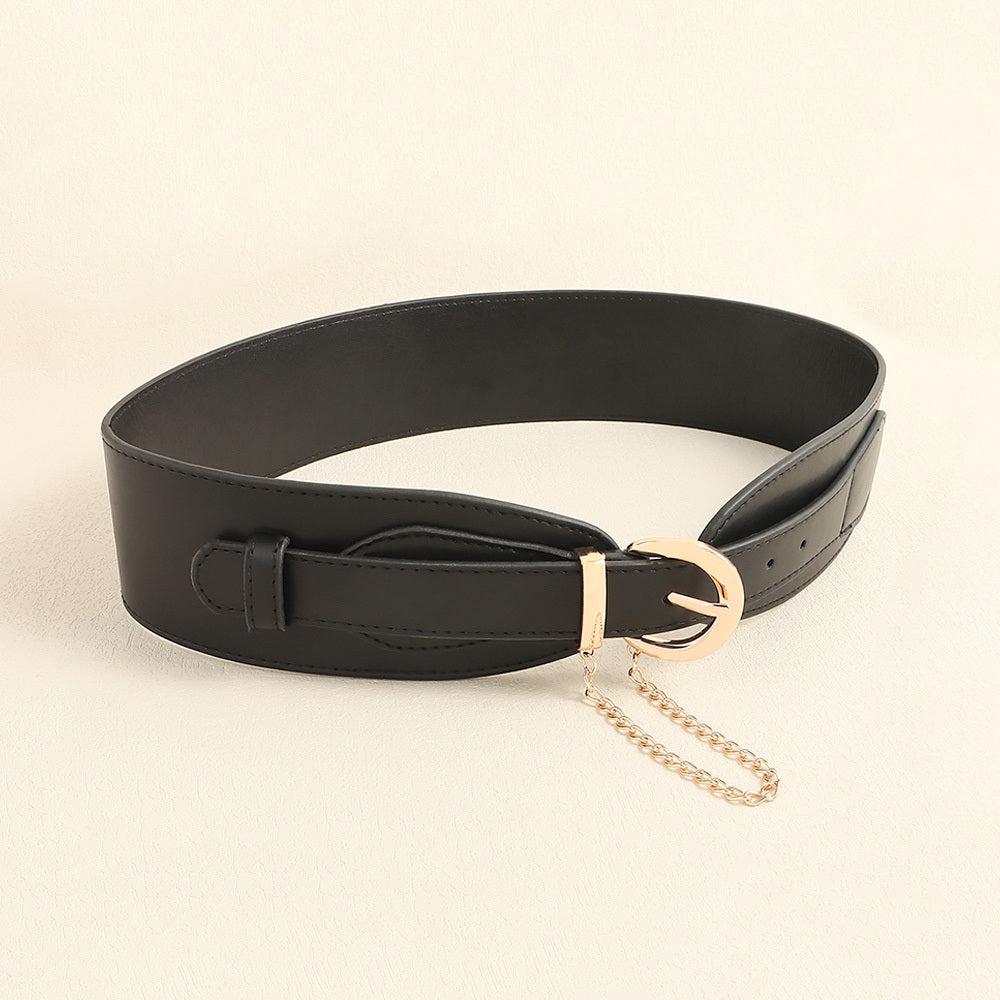 Vintage Women's Belt Black High-grade Metal Chain Pin Buckle Dress Shirt Simple Restraint Waist Wide Waist Seal