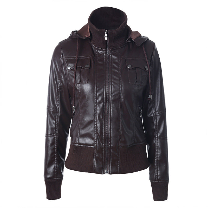 Hooded drawstring high neck zipper PU leather jacket