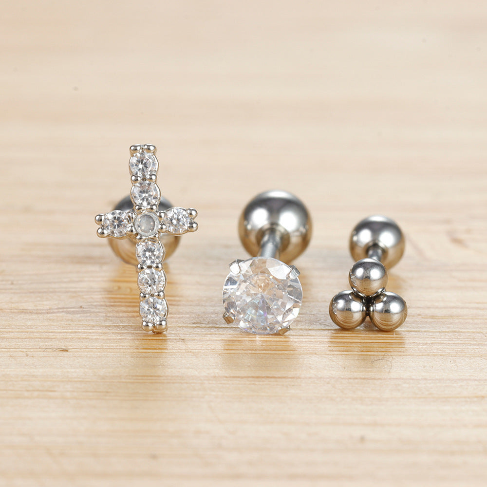 Stainless Steel Round Four-claw Zircon Stud Earrings For Women Simple