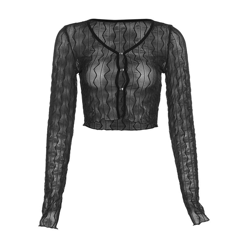 Women's Pure Color Mesh Cardigan Long Sleeve Short T-shirt - Chic Angle