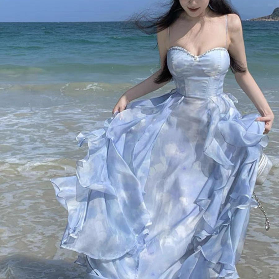 French Blue Strapless Sling Dress Seaside Vacation Draping Effect