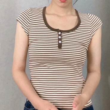 All-match Brown Striped Three-button Slim-fit Short-sleeved T-shirt