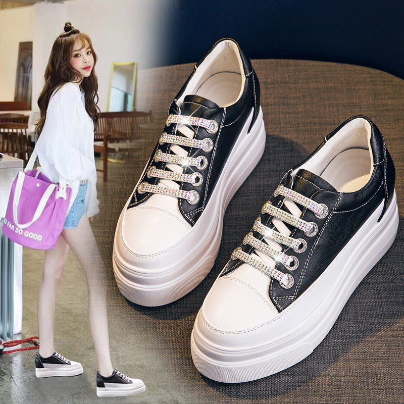 Genuine Leather Platform Versatile Casual Breathable White Muffin Height Increasing Insole Women's Board Shoes - Chic Angle