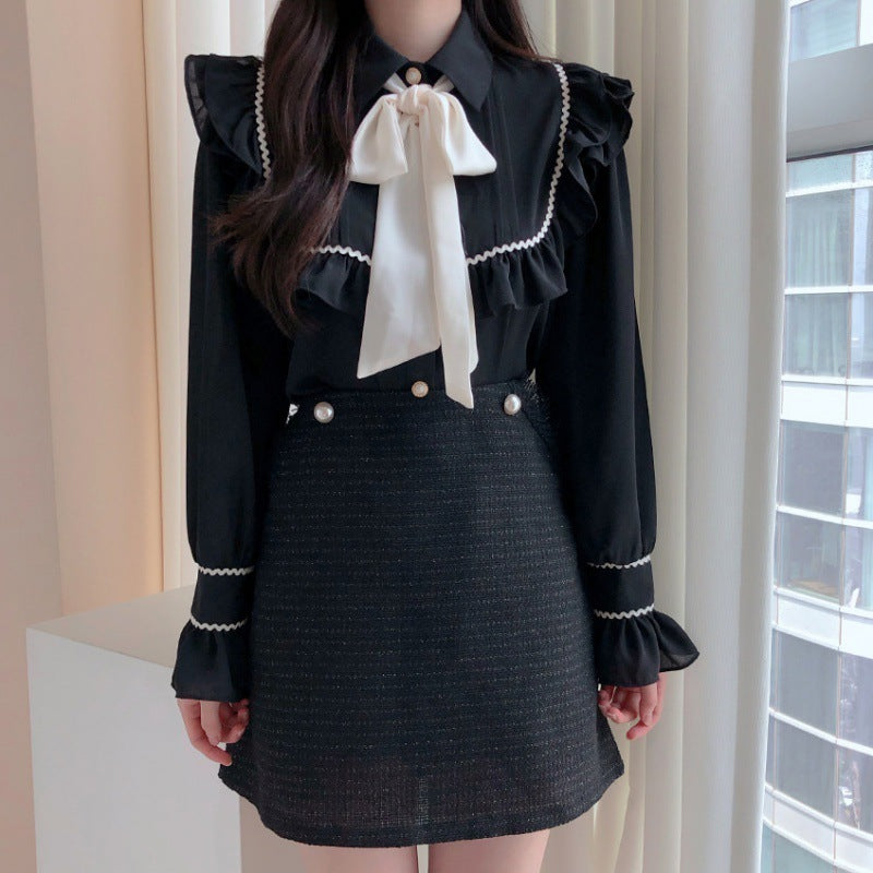 Color-blocking Bow Ruffled Tied Flared Sleeves Long Sleeves Shirt For Women
