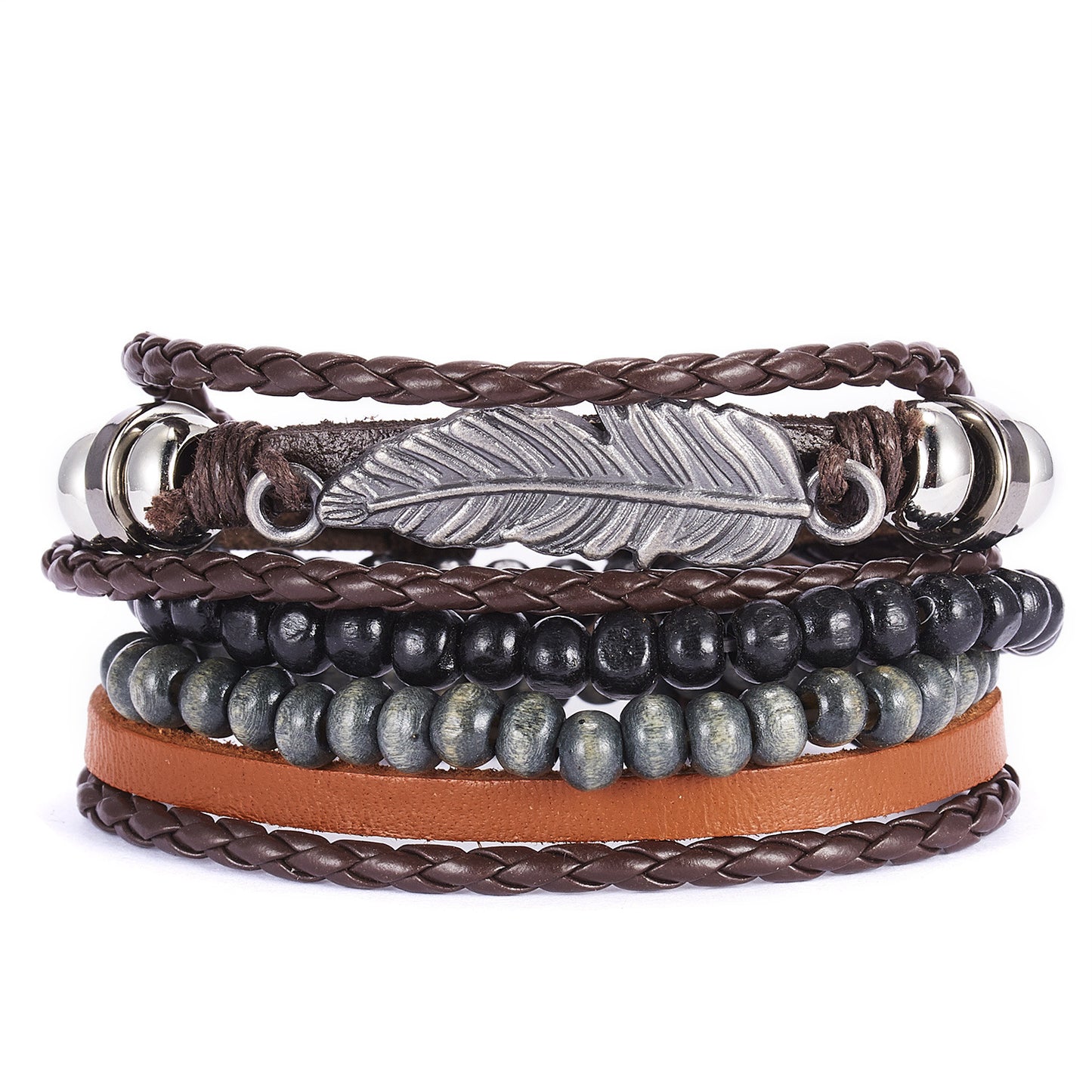 New Men's Leather Suit Creative Leaves Wooden Bead Woven Adjustable Suit Bracelet - Chic Angle