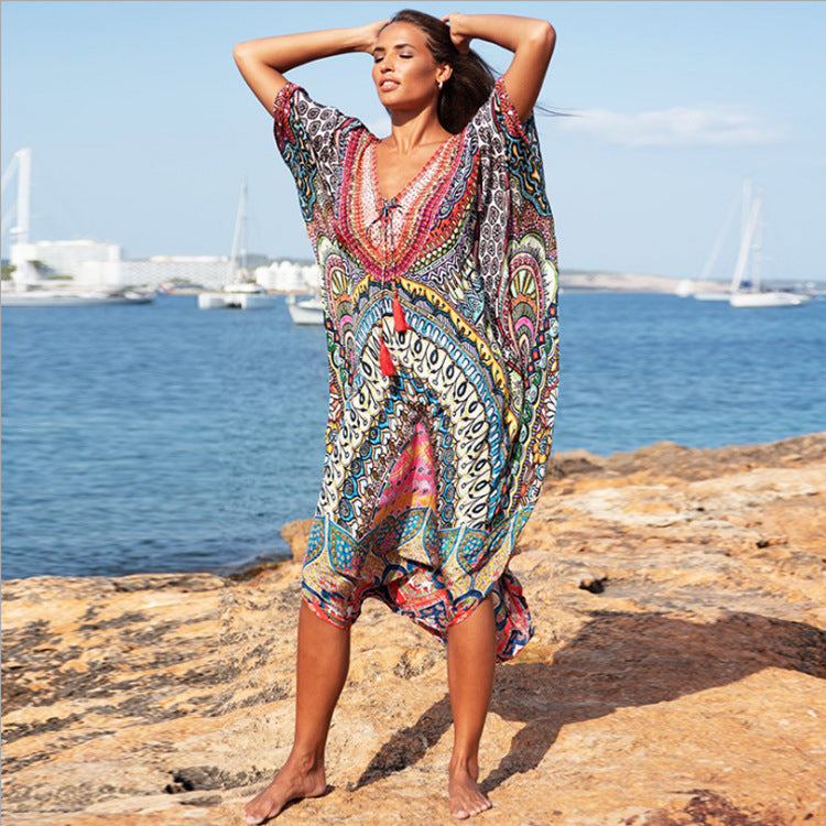European And American New Satin Loose Fit Dress Vacation Casual Overlay Cover Up