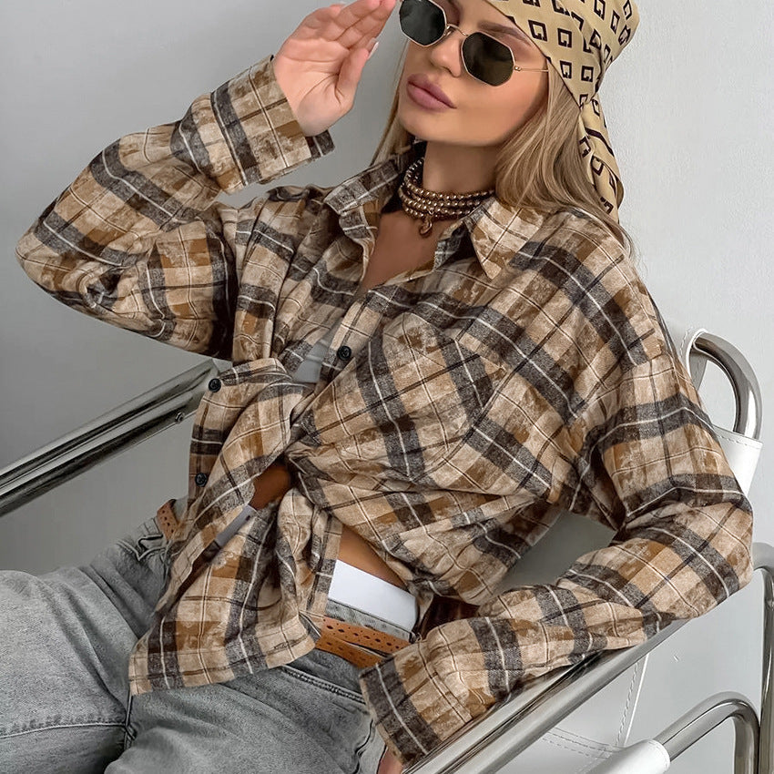 Autumn Waste Soil Style Outer Plaid Shirt Mid-length