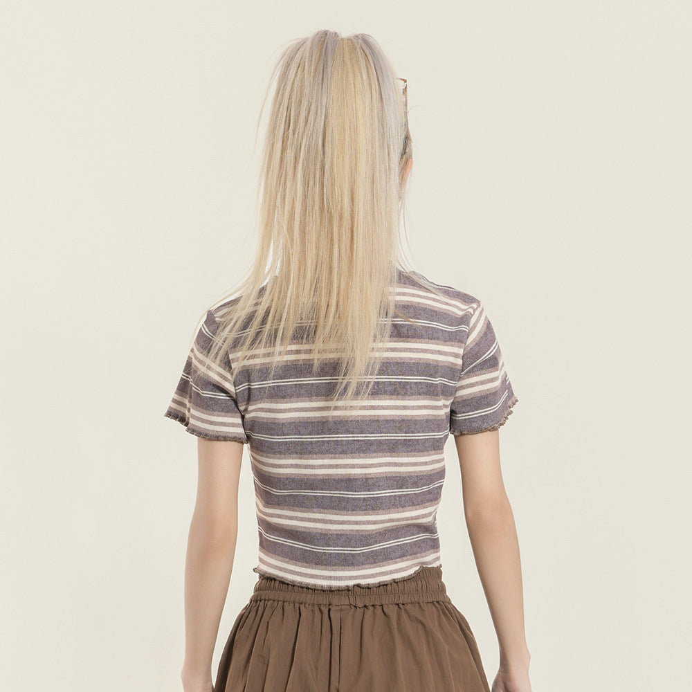 Contrast Color Striped Butterfly Embroidered Short Sleeve