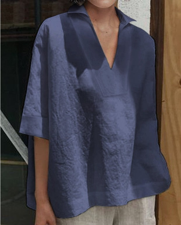 V-neck cotton and linen short-sleeved blouse