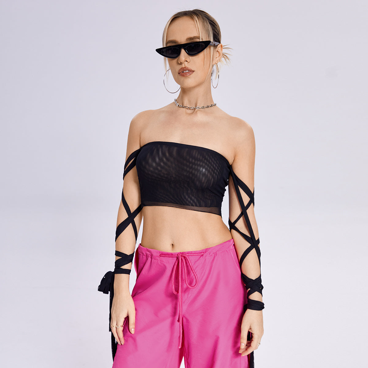 Elastic Cross Arm Solid Color Straps Tank Top