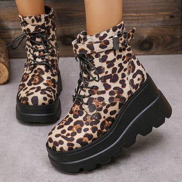 Plus Size Leopard Print Thick Bottom Height-increasing Martain Boots