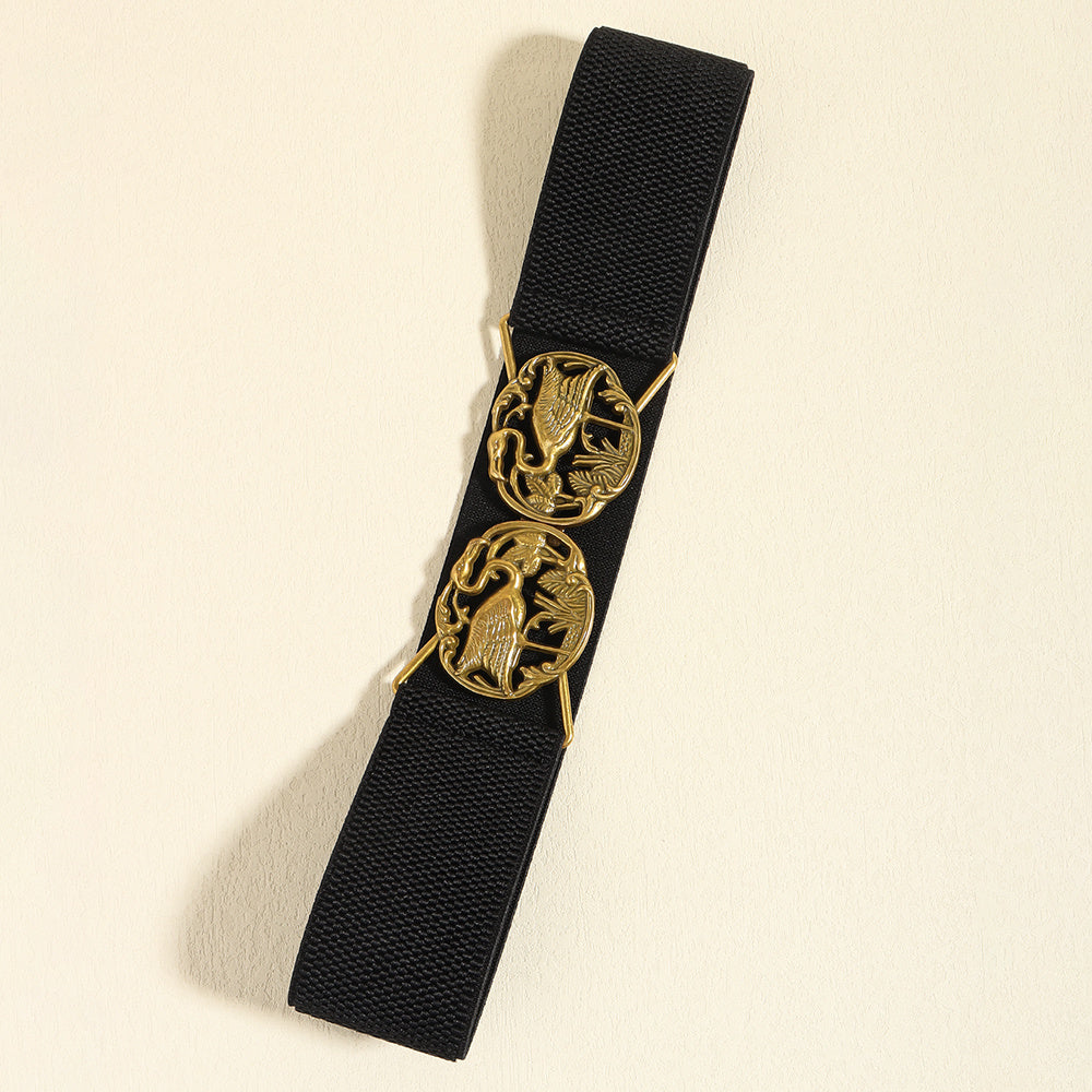 Simple Retro Elastic Belt Metal Hollow Buckle Red-crowned Crane Elastic Waist Elegant Female Fashion Accessories