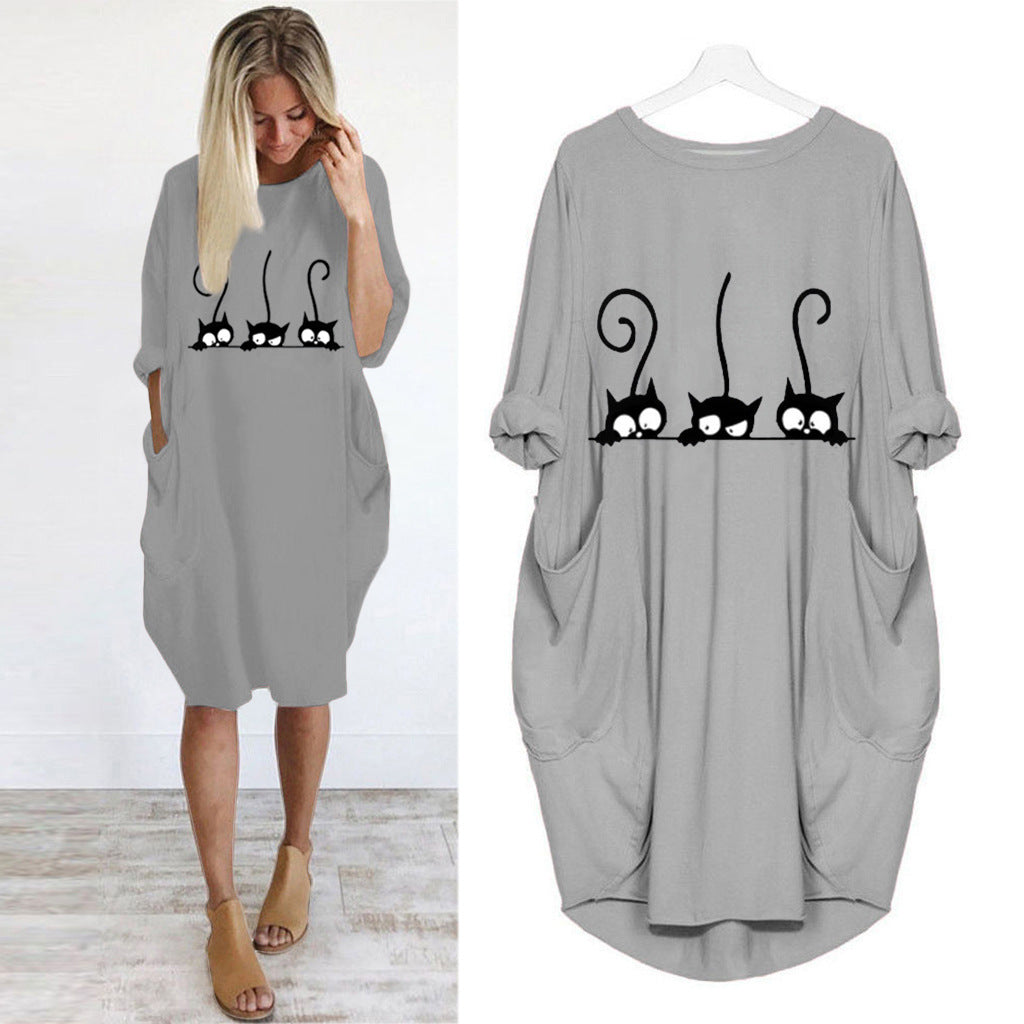Autumn and winter long-sleeved loose print dress
