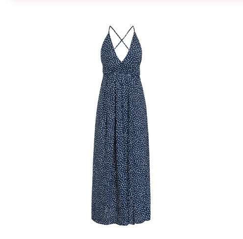 Dress holiday wind Europe and the United States new suspender skirt wave point cross large backless sexy slit long skirt female