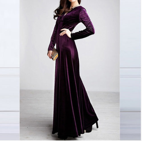 Thickened good quality Spring and autumn winter long-sleeved dress Gold velvet maxi dress V-neck dress