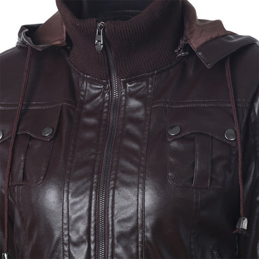 Hooded drawstring high neck zipper PU leather jacket