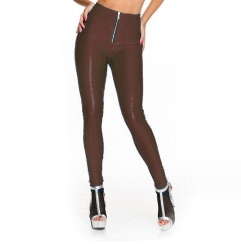 Ladies Black Solid Color Slim Zipper PU Leather Leggings