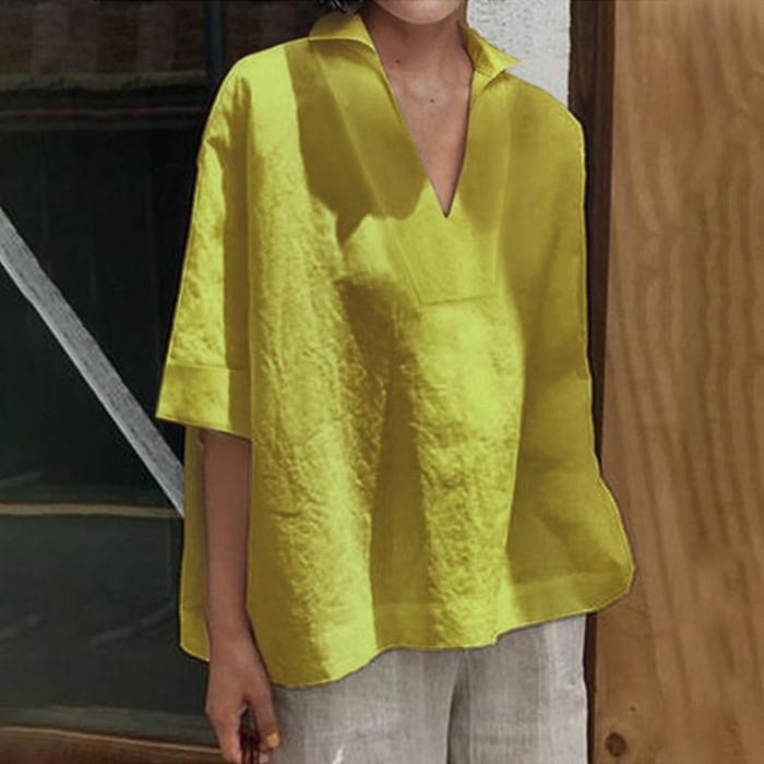 V-neck cotton and linen short-sleeved blouse
