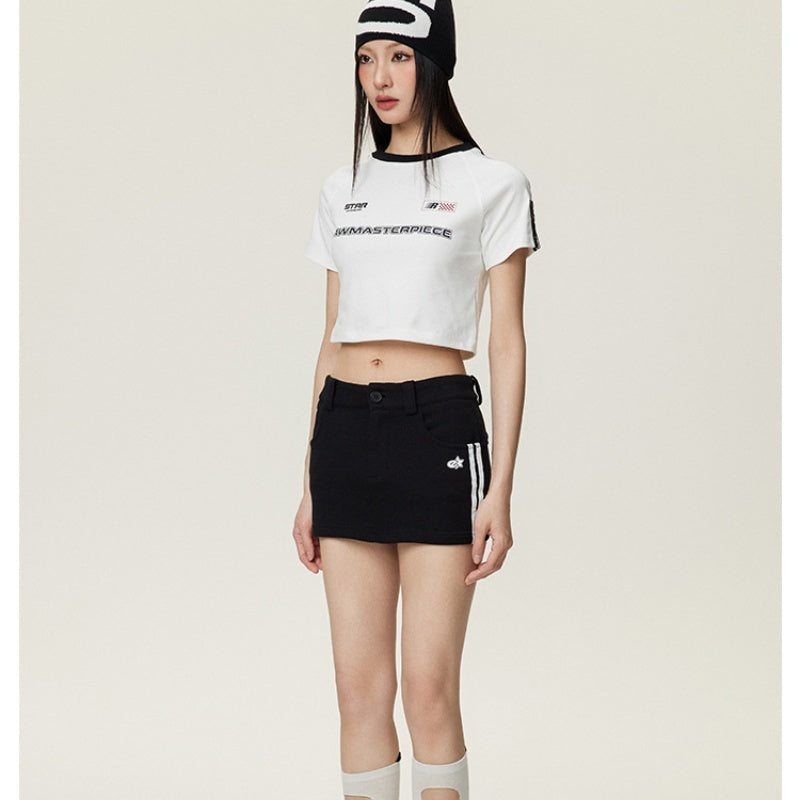 Embroidered Shoulder Short Top For Women High Waist Retro