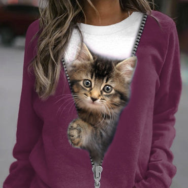 Women's Cat Basic Printed Round Neck Regular Pullover