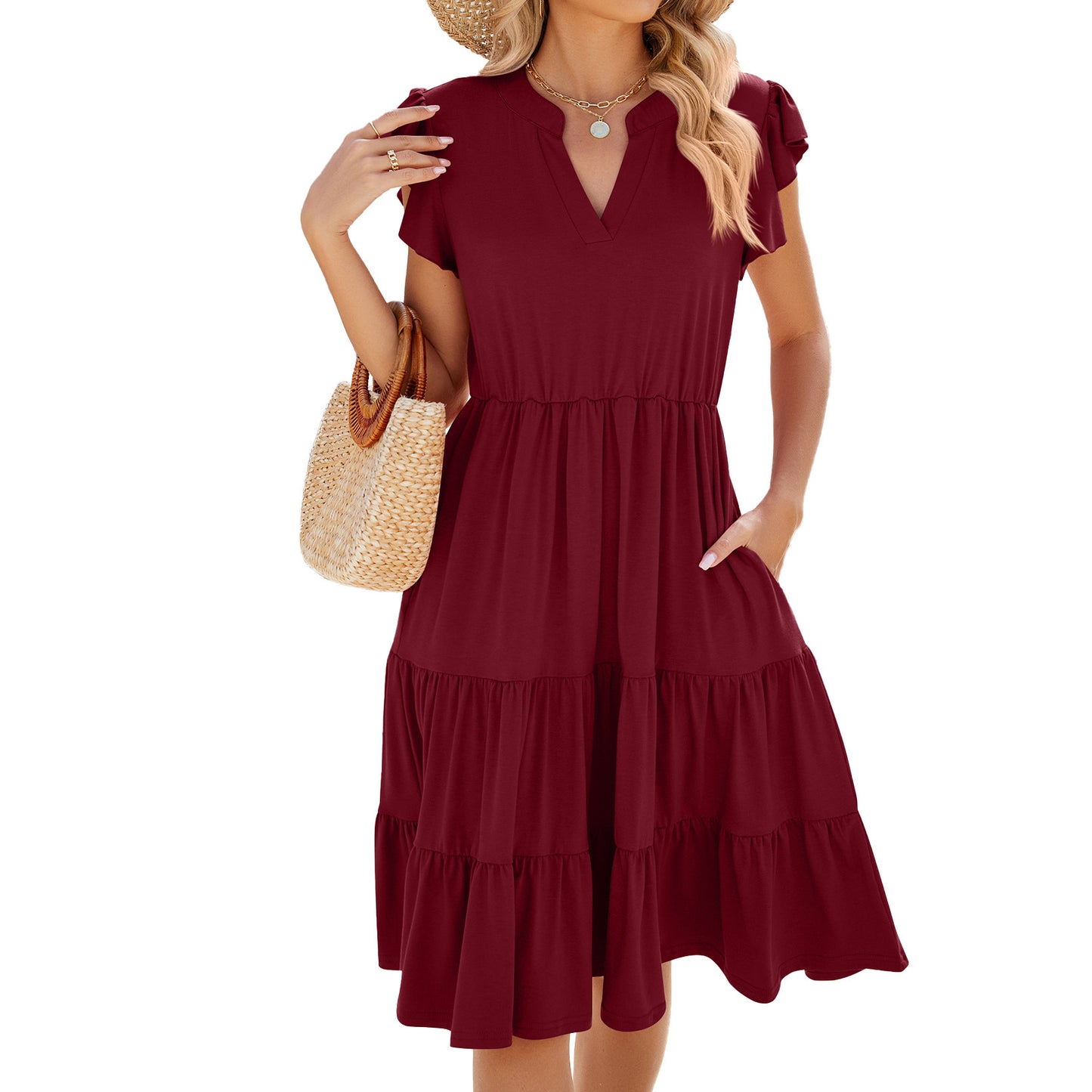V-neck Loose Short Sleeve Women's Stitching Dress