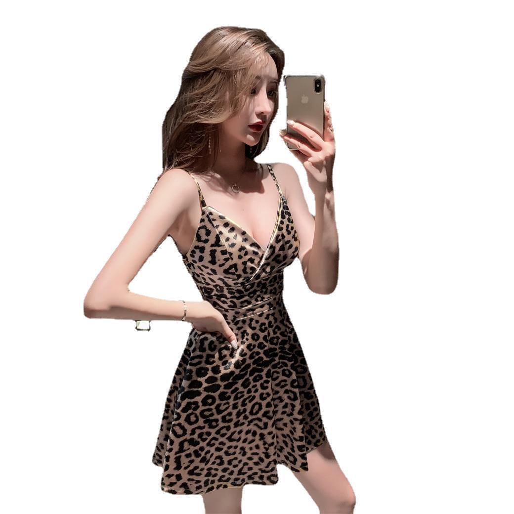 Women's Low-cut Deep V Strap Leopard Print Dress