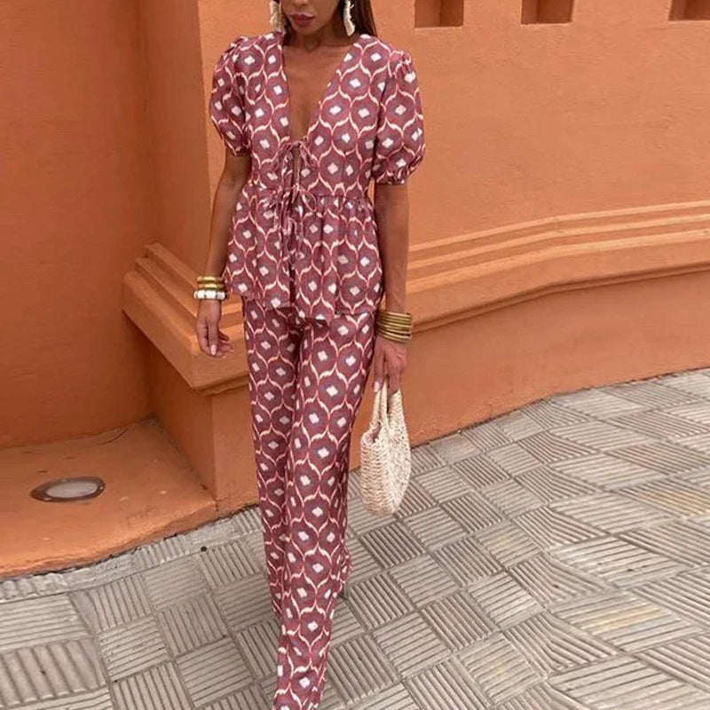 Summer Printed Pleated Women's Pants Suit Hollow Out Suit - Chic Angle